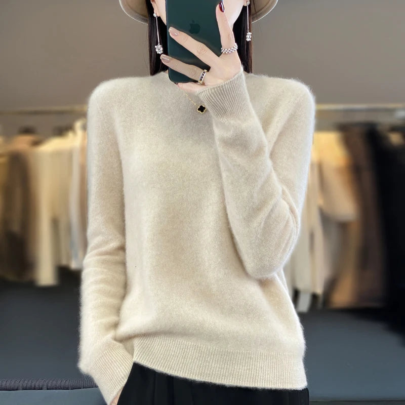 100% pure wool cashmere sweater women's O-neck pullover casual knit top autumn and winter women's coat fashion