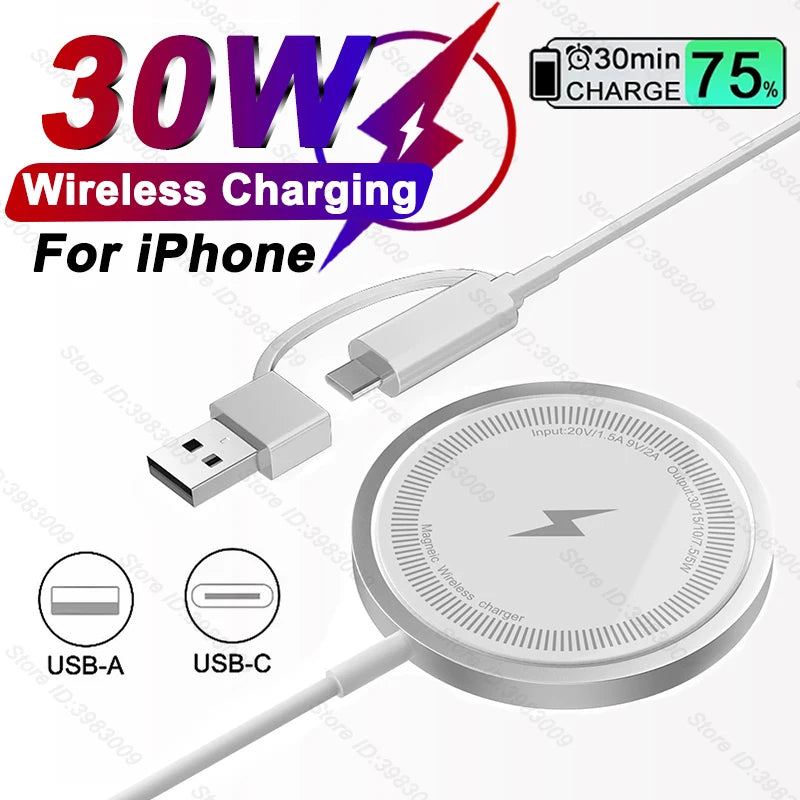 30W PD Magnetic Wireless Charging For iPhone 15 14 13 12 Pro Max USB Type-C Charger For Samsung S24 S23 Ultra Xiaomi Fast Charge