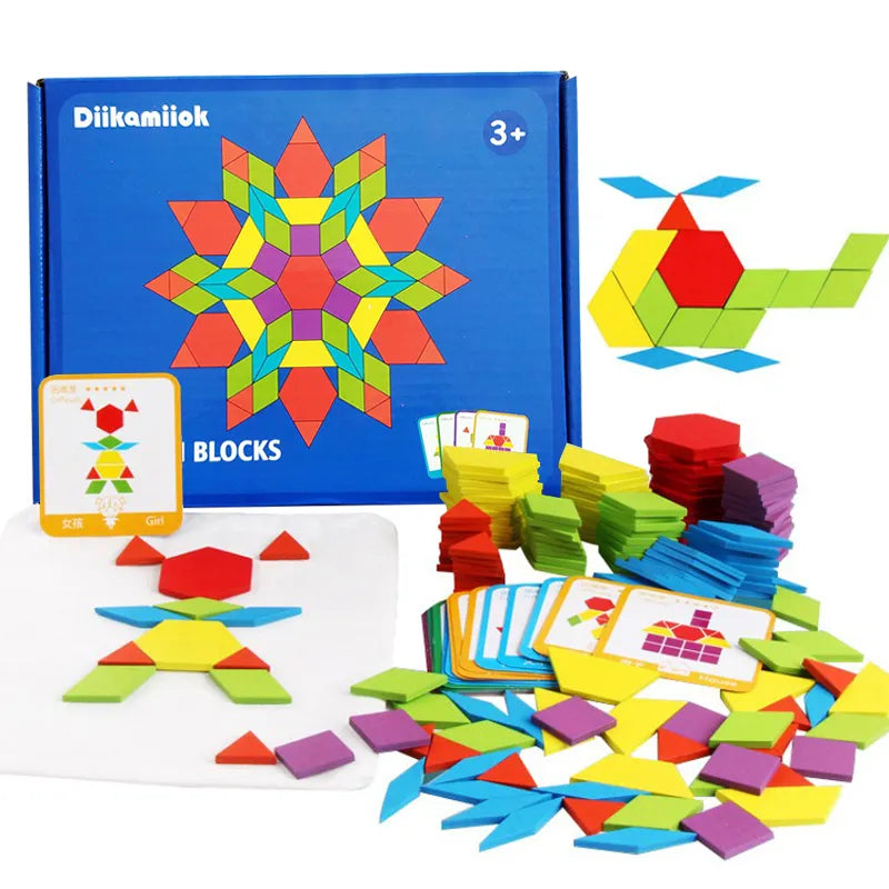 155Pcs Set Wooden Pattern Blocks Geometric Shape Jigsaw Puzzle Baby Educational Montessori Tangram Toys for Kids with 24Pcs Card