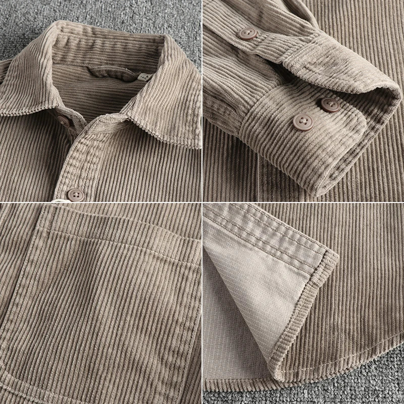 Cotton corduroy wash long sleeve shirt men's American khaki trend single pocket shirt coat