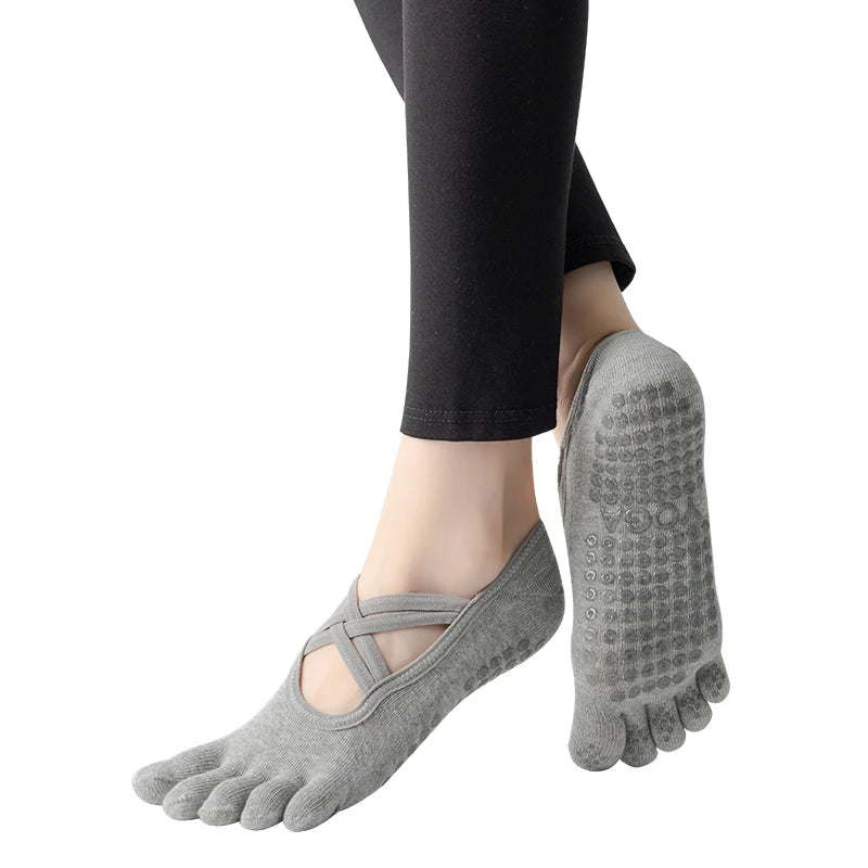 New Women Anti Slip Pilates Socks Five Toe Silicone Non-Slip Yoga Sock Bandage Ballet Dance Ladies Fitness Sports Cotton Sock