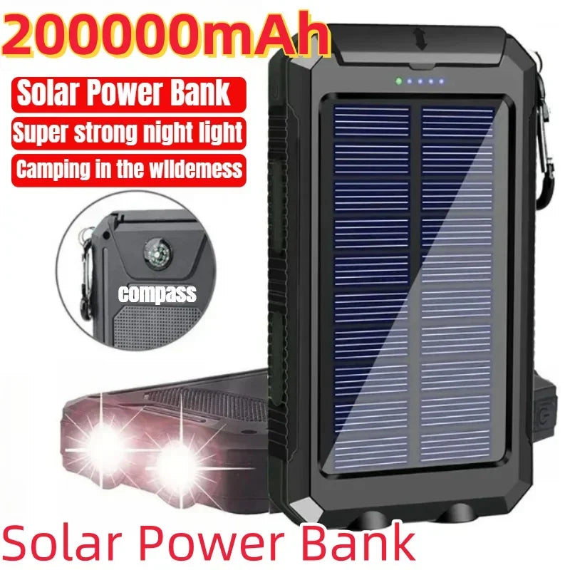 10000mAh-200000mAh Spare battery Solar Power Bank Outdoor Portable Charger Powerbank Waterproof Battery Dual USB Charging with LED Light