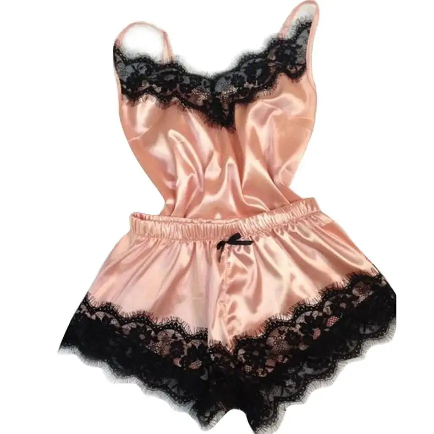 2024 New Women Bow Sleepwear Sleeveless Strap Nightwear Lace Trim Satin Cami Top Pajama Sets femme sexy lingerie pyjamas women