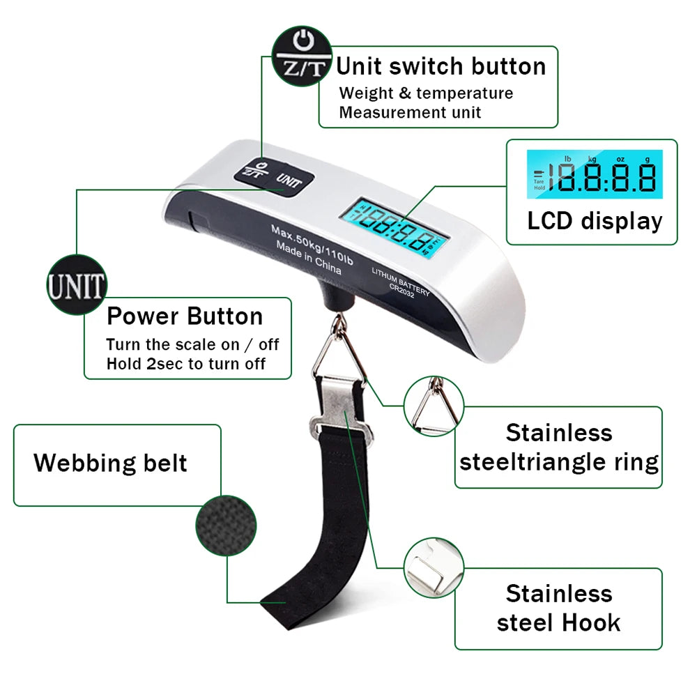 110LB Portable Electronic Hand Luggage Scale LCD Digital Display Balance Scale Suitcase Travel Weighs Baggage Weight Tool