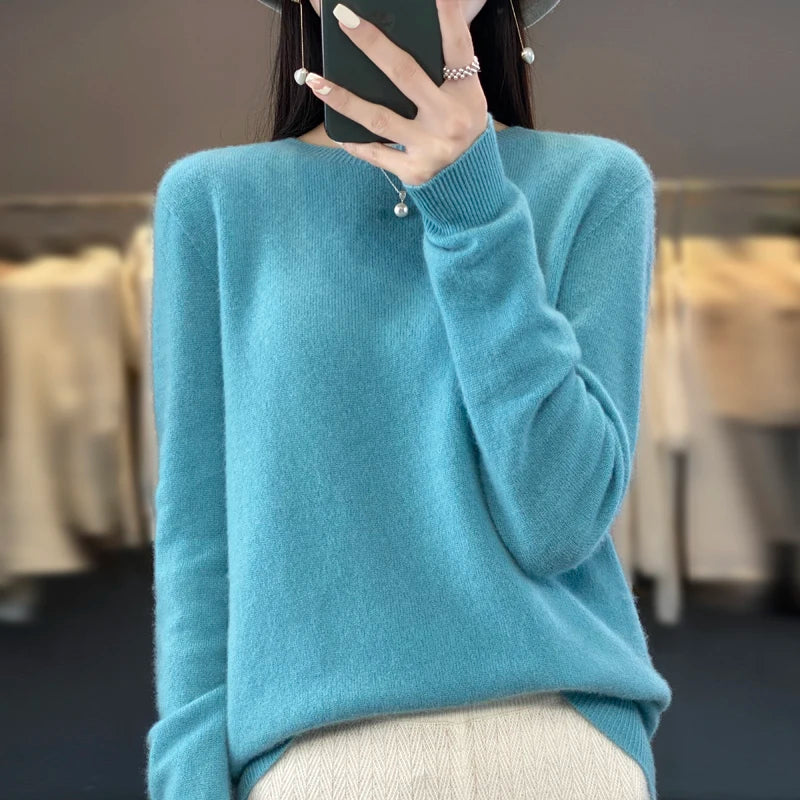 100% pure wool cashmere sweater women's O-neck pullover casual knit top autumn and winter women's coat fashion