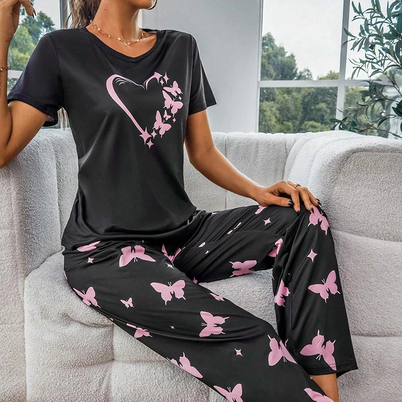 Women's Pajama Sets Summer Short Sleeve Pyjamas Butterfly Print Home Clothes Sleepwear Soft and Comfortable Loungewear Nightwear