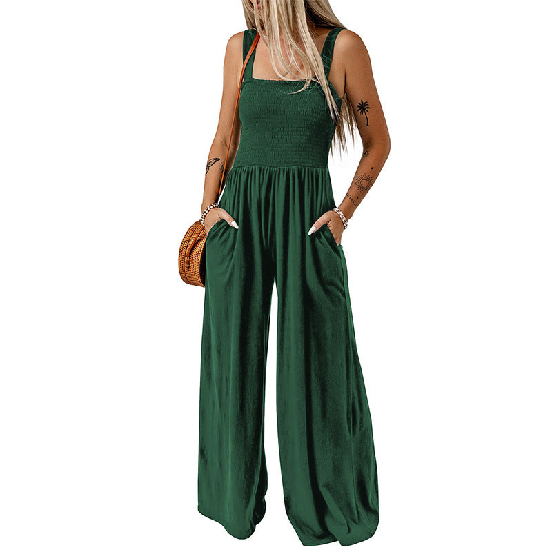 Summer Square Neck High Waist Jumpsuit Women's Backless Pleated Design Wide Leg Trousers Clothing