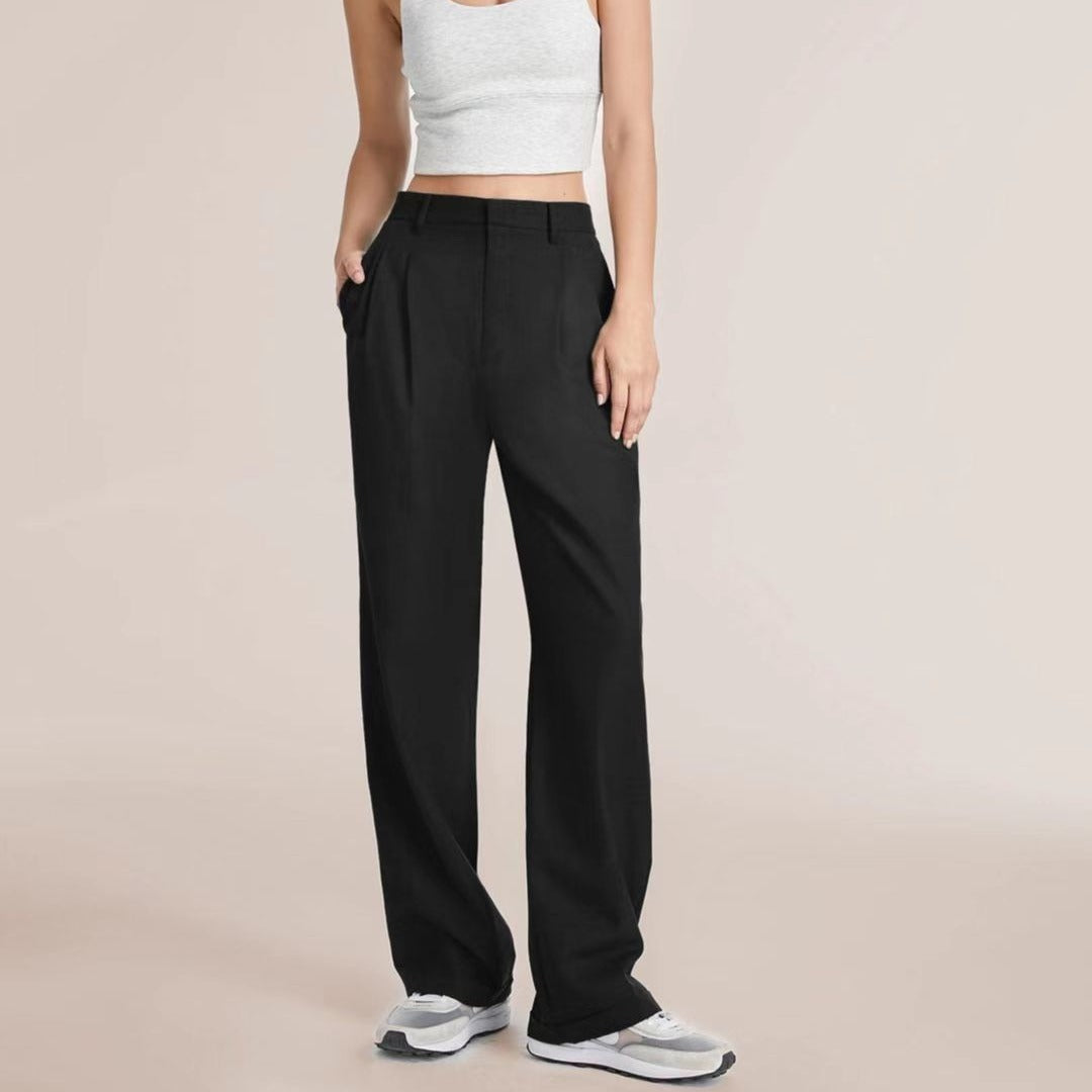 Commuter Drooping Slimming Solid Pocket High Waist Wide Leg Pants