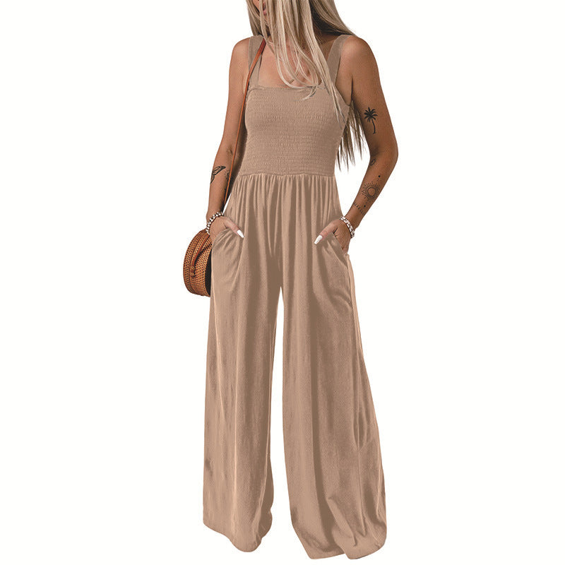 Summer Square Neck High Waist Jumpsuit Women's Backless Pleated Design Wide Leg Trousers Clothing