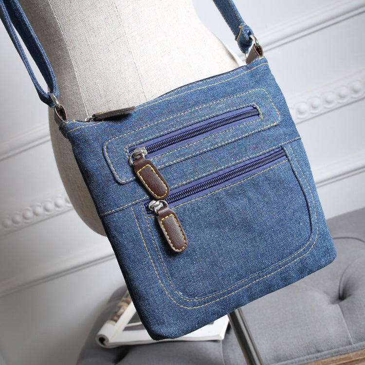 Denim Bag New Casual Women's Bag Solid Color Multi-zipper Multi-pocket