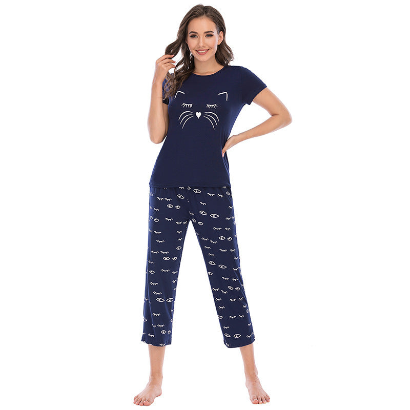 Women's Cartoon Print Pajamas Short-sleeved Cropped Two-piece Suit