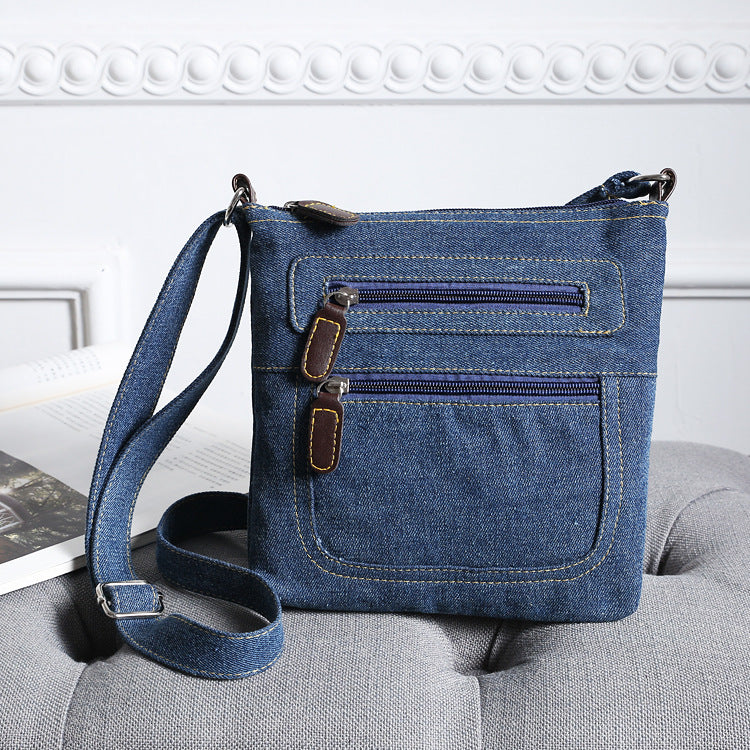 Denim Bag New Casual Women's Bag Solid Color Multi-zipper Multi-pocket