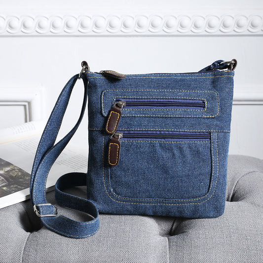 Denim Bag New Casual Women's Bag Solid Color Multi-zipper Multi-pocket